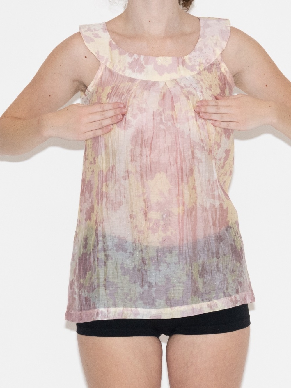 Vintage 60s babydoll tank top pink yellow flower print see through size medium